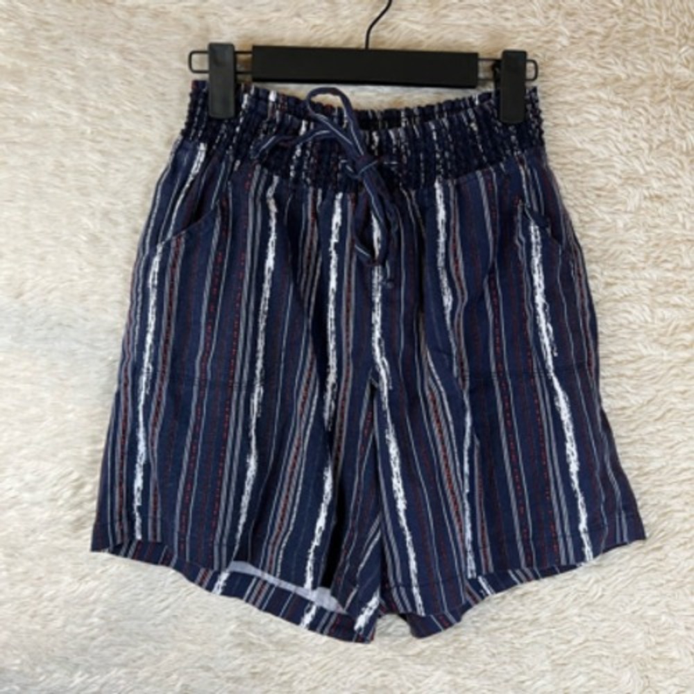 Hannah Womens Paperbag shorts‎ Blue Stripe Drawstring Elastic Waist Pockets S